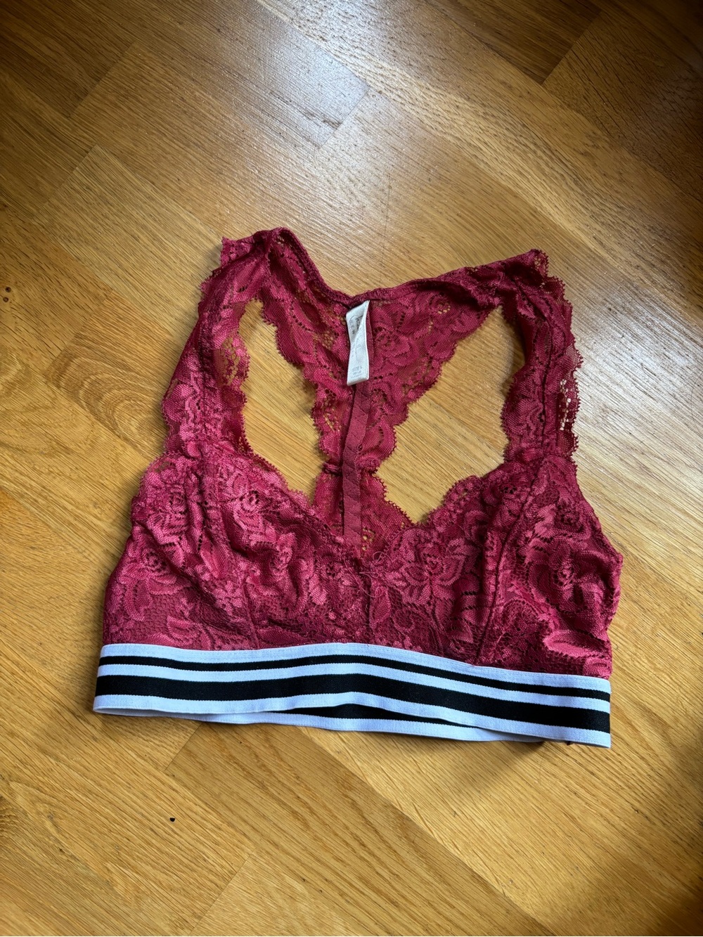 Nicole Miller Burgundy Lace Racerback Bralette with Striped Band